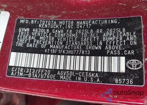 2017 Toyota Camry Se from USA, damaged, VIN 4T1BF1FK3HU777813